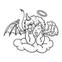 a black and white drawing of a devil with wings and halo vector