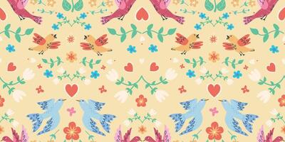 handdrawn seamless pattern with birds and flowers on a yellow background. Perfect for romantic design vector