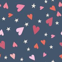 handdrawn seamless pattern with hearts and stars on a dark blue background. Perfect for romantic design vector