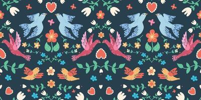 handdrawn seamless pattern with birds and flowers oa a dark blue bg. Perfect for romantic design vector