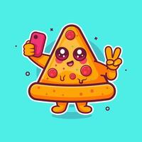 happy pizza slice food character mascot taking a selfie with a smartphone isolated cartoon vector