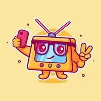 smiling television character mascot taking a selfie with a smartphone isolated cartoon vector