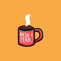 Illustration of a red mug featuring 'New Year' text, emitting steam, depicted on an orange background. Perfect for New Year celebrations, coffee lovers, and festive-themed designs and campaigns. vector
