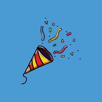 A vibrant illustration of a party popper releasing bright confetti against a lively blue background, symbolizing fun, celebration, and joy. vector