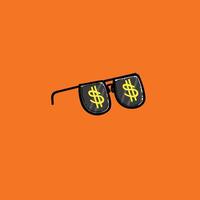 illustration of trendy black sunglasses decorated with striking dollar signs, set against a bold orange backdrop. Captures themes of wealth, fashion, and boldness with a modern graphic style. vector