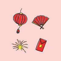 Illustration of Chinese New Year symbols including a lantern, folding fan, firework, and red envelope associated with celebration and cultural festivities. vector