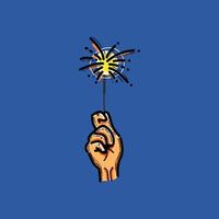Illustration of a hand holding a lit sparkler against a blue background, symbolizing celebration, festive joy, and holiday spirit. The vibrant composition conveys excitement and festive charm. vector