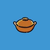 Digital illustration of a clay pot depicted in a cartoon style, set against a blue backdrop. Ideal for themes relating to cooking, kitchenware, and traditional culinary practices. vector