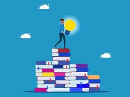 a man standing on top of a pile of books with a light bulb vector