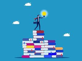 businessman standing on top of a pile of books with a light bulb vector