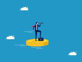 businessman standing on top of coin with binoculars vector