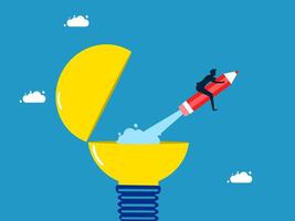 man flying into the light bulb with a rocket vector