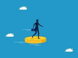 businessman walking on top of coin with clouds vector