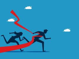 women and man running to the finish line, one with a red ribbon vector