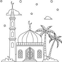 A mosque with palm trees and stars coloring page vector