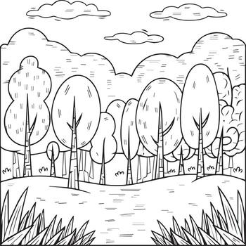 A coloring page with trees and grass vector