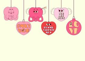 Horizontal banner with hearts characters in trendy retro groovy style. Lovely and psychedelic valentines day mascots with face, hands, cupids arrow and wings. illustration with copy space vector