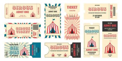 Vintage circus horizontal and vertical tickets set. Striped circus tents and more details events. Flat illustration on white background vector