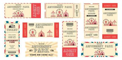 Vintage amusement park horizontal and vertical tickets set. Ferris wheel, circus tent, carousel, decorative elements and more details events. Flat illustration on white background vector