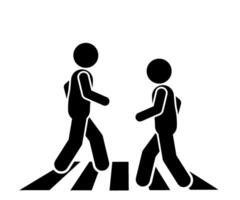 A stickman flat character illustration walking on a zebra crossing, with traffic lights showing walk or stop signals. vector