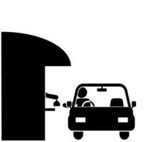 A stick figure or stickman is ordering food at a drive thru from inside a car. vector