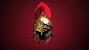 Gorgeous golden helmet in the style of Ancient Greece, adorned with a red plume. video