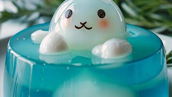 Blue and white porcelain style jelly cake, with a small rabbit shaped pudding on top. video
