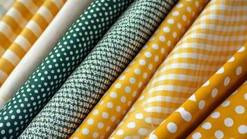 A set of yellow and green gingham fabric featuring patterns. video