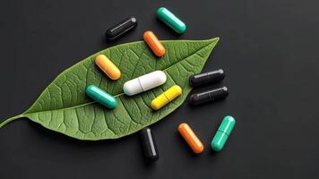 An assortment of colorful pills and tablets, arranged on green leaves. video