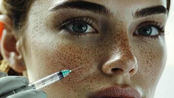 A woman's face with a doctor is performing a procedure using a needle and syringe. video
