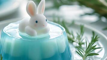 Blue and white porcelain style jelly cake, with a small rabbit shaped pudding on top. video