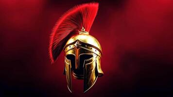 Gorgeous golden helmet in the style of Ancient Greece, adorned with a red plume. video