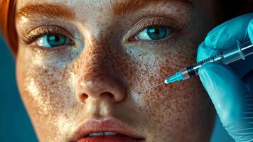 A woman's face with a doctor is performing a procedure using a needle and syringe. video