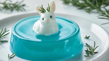 Blue and white porcelain style jelly cake, with a small rabbit shaped pudding on top. video