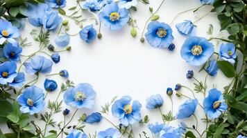 Blue flowers border frame on a white background with copy space for text. video