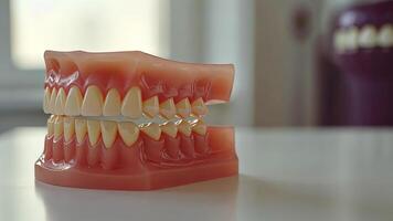 Closeup of teeth model on a white table, made in a dental laboratory by a professional master. video
