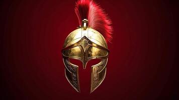 Gorgeous golden helmet in the style of Ancient Greece, adorned with a red plume. video