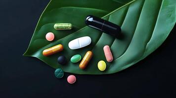 An assortment of colorful pills and tablets, arranged on green leaves. video