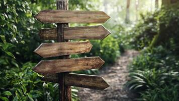 The simple wooden sign in a tranquil forest with wooden arrows pointing in different directions. video