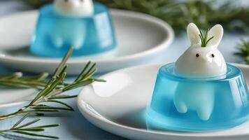 Blue and white porcelain style jelly cake, with a small rabbit shaped pudding on top. video