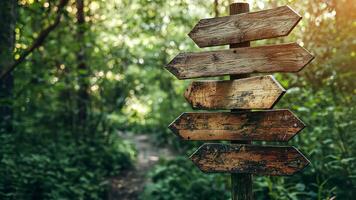 The simple wooden sign in a tranquil forest with wooden arrows pointing in different directions. video