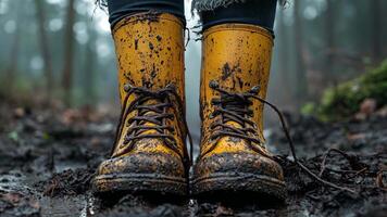 A pair of yellow rain boots, covered in mud, standing on the muddy ground. video