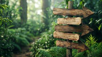 The simple wooden sign in a tranquil forest with wooden arrows pointing in different directions. video