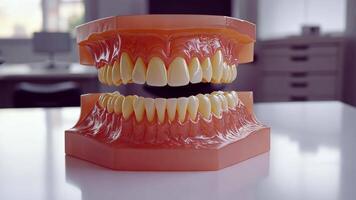 Closeup of teeth model on a white table, made in a dental laboratory by a professional master. video