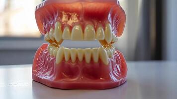 Closeup of teeth model on a white table, made in a dental laboratory by a professional master. video