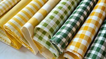 A set of yellow and green gingham fabric featuring patterns. video