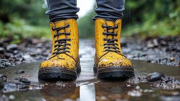 A pair of yellow rain boots, covered in mud, standing on the muddy ground. video