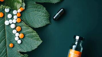 An assortment of colorful pills and tablets, arranged on green leaves. video