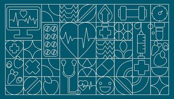 Medical Line Art Seamless Pattern. White Lines on Blue with Symbols of Heart Health vector