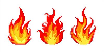 Pixel art of fire set . Pixelated flame illustration . Game icon style. vector